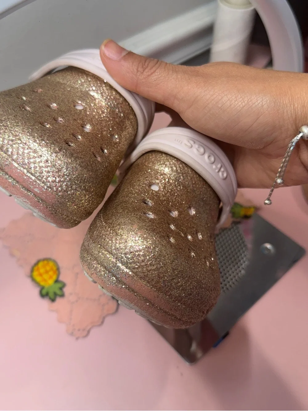 CROCS Kids Glitter Clog with White Strap - Gold